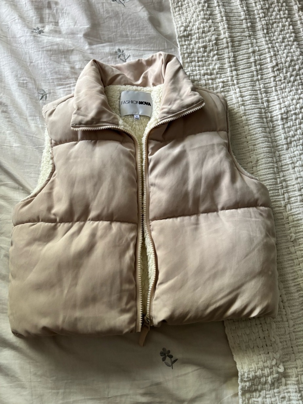 Fashion Nova Cream Puffer Vest with Ivory Sherpa Lining